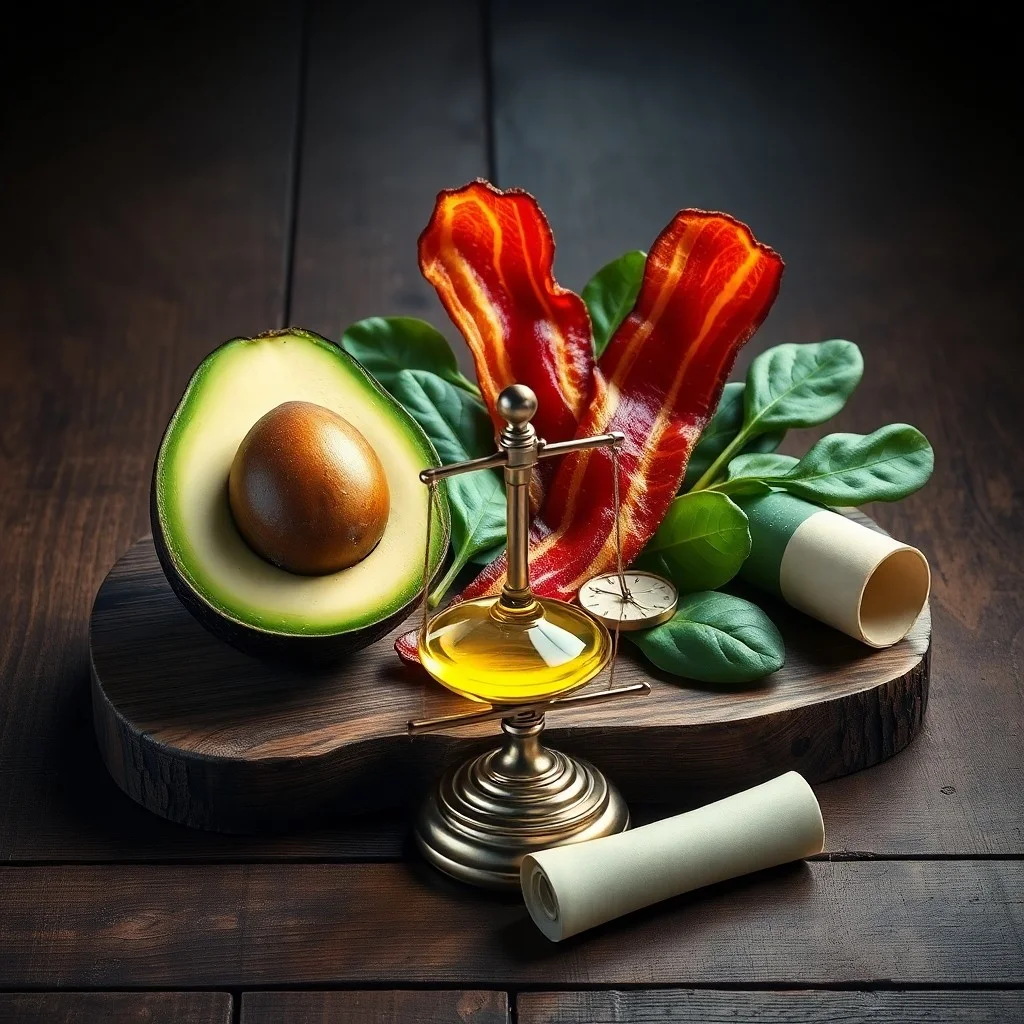 Bodegón cinematográfico con aguacates, queso, almendras y agua, representando alimentos saludables para una dieta cetogénica.