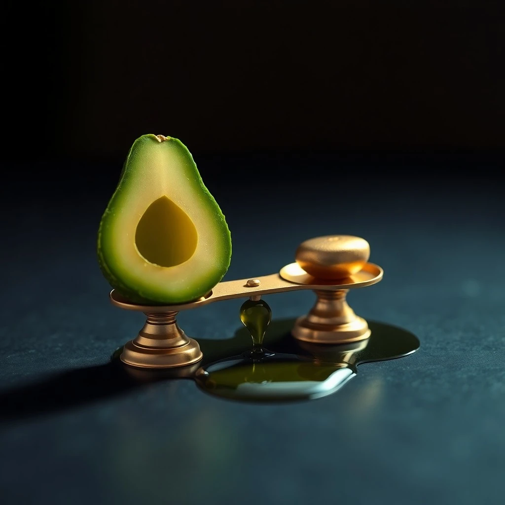 Arte conceptual de dos escalas interconectadas, una con una esfera azul brillante (grasa) y otra con una esfera roja brillante (carbohidratos), equilibradas por una luz verde central, sobre un fondo oscuro.