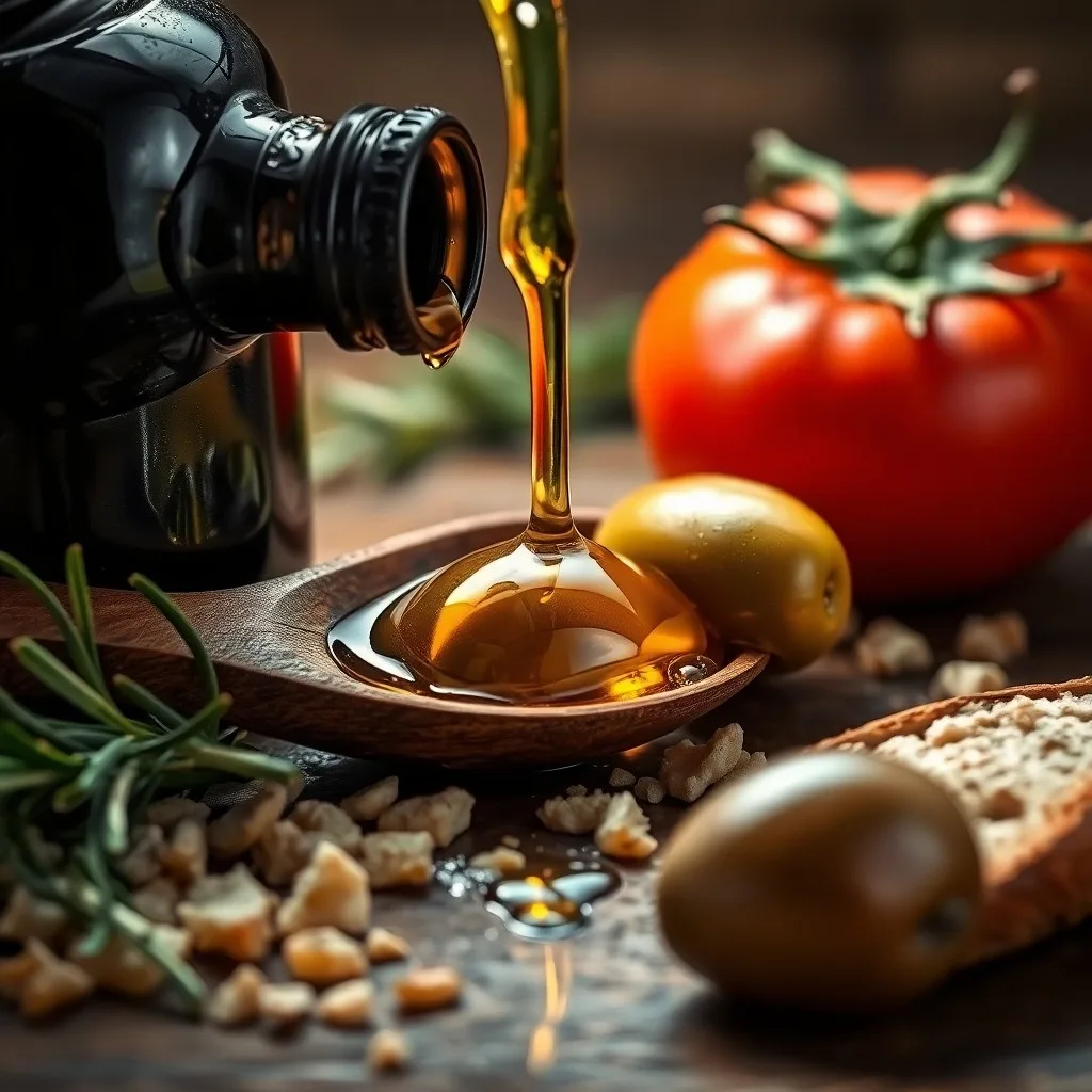 Fotografía macro de un cuenco de madera con verduras y frutas mediterráneas, aceite de oliva, simbolizando la vitalidad de la dieta.