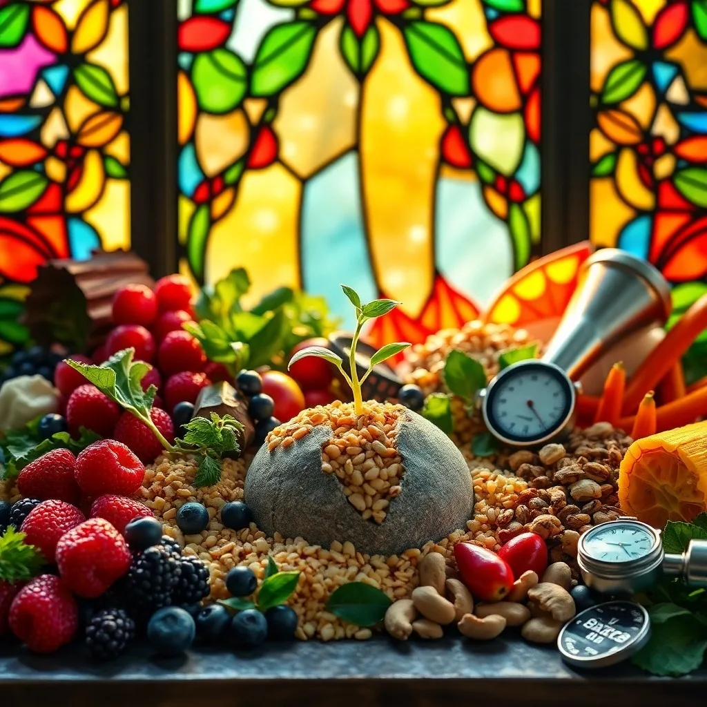 Arte conceptual de una comida vegana equilibrada con una superposición holográfica de datos nutricionales y una hélice de ADN.