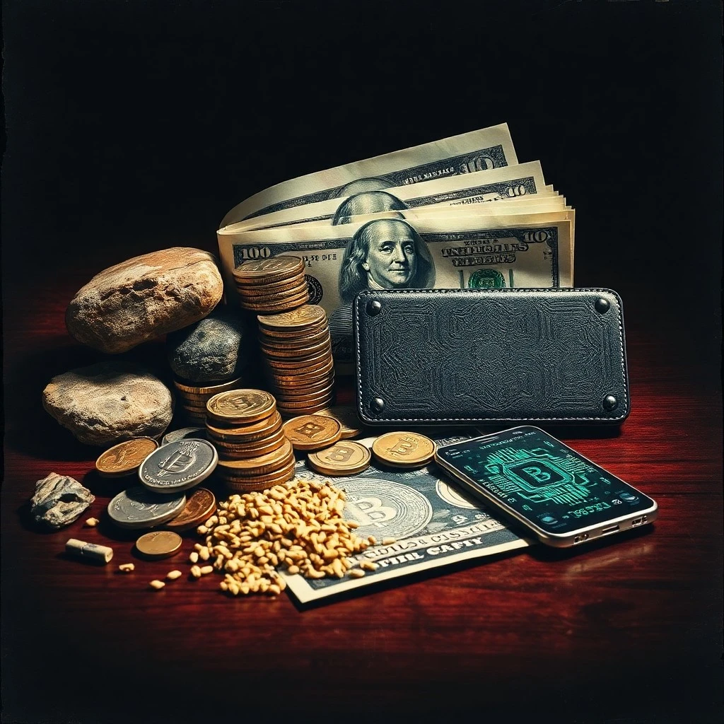 Fotografía de bodegón de una colección de artefactos monetarios históricos, incluyendo monedas romanas, un billete antiguo y una tarjeta de crédito moderna, sobre una mesa de madera oscura.