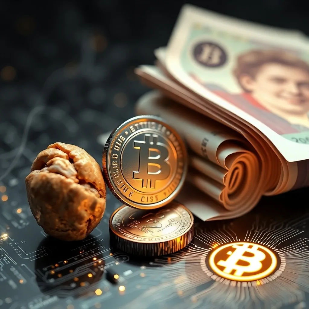 Renderizado 3D conceptual de una red blockchain con nodos interconectados y flujos de datos brillantes, sobre un fondo de gradiente azul y púrpura.