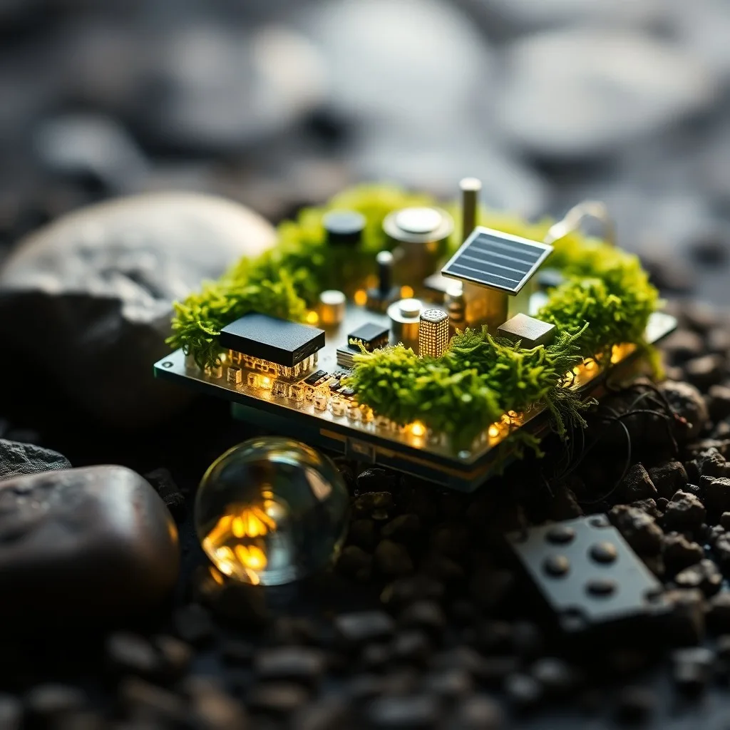 Plano vintage de una ciudad sobre una mesa de madera, con un sensor inteligente y un modelo de árbol, bajo una luz futurista.