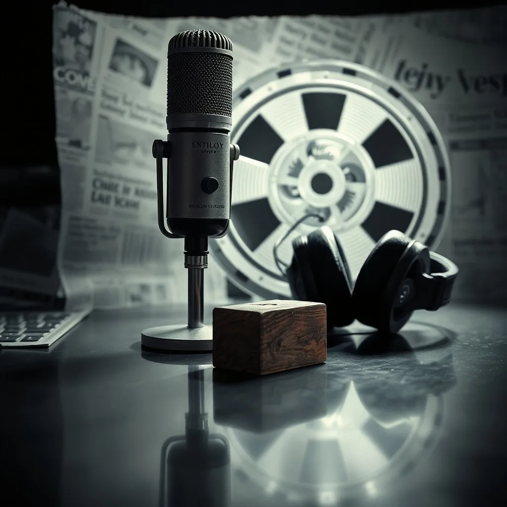 Fotografía cinematográfica de un micrófono antiguo sobre un escritorio de madera, rodeado de tiras de película dispersas, auriculares vintage y un bloc de notas con anotaciones de sonido. La iluminación dramática resalta las texturas y crea sombras profundas.