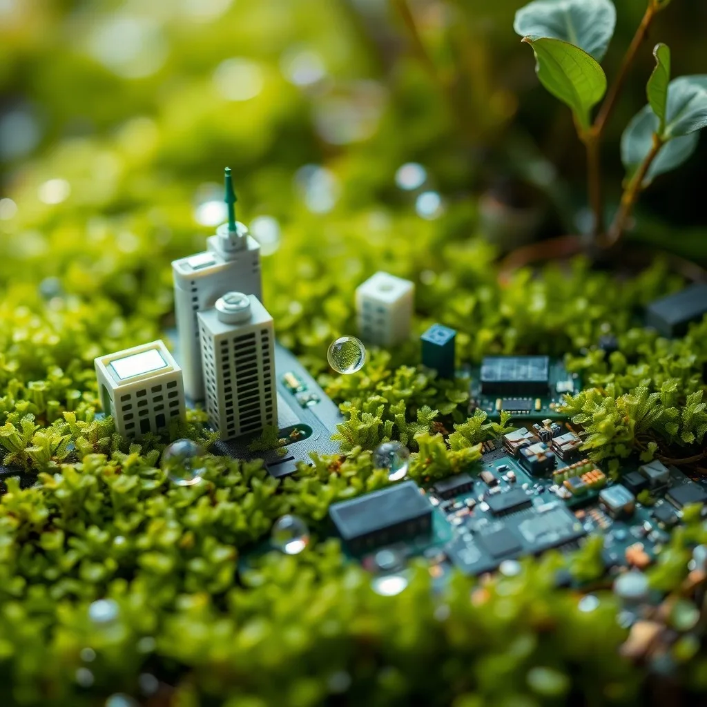 Primer plano de sensores IoT incrustados en un muro verde, recopilando datos ambientales.