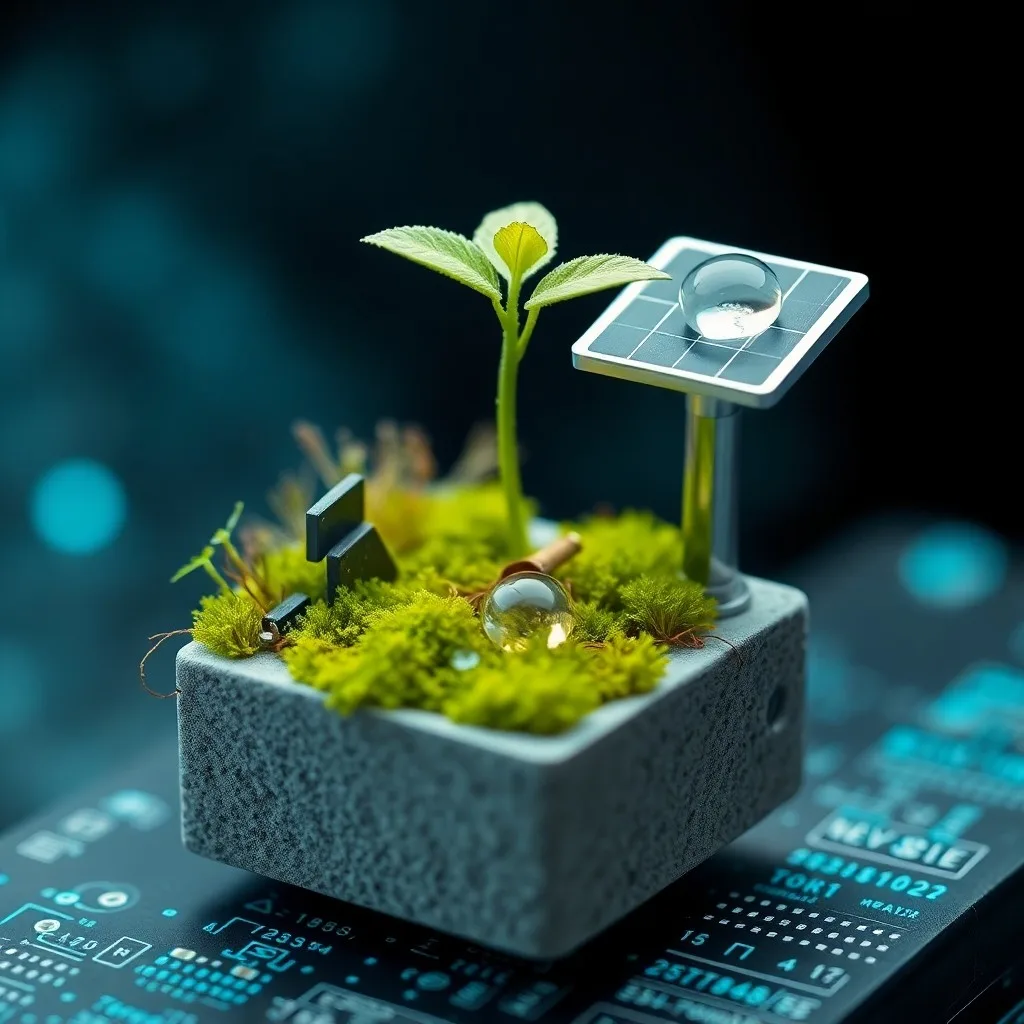 Arte conceptual de un techo verde con plantas nativas y sistemas de recolección de agua, enfatizando el diseño sostenible.