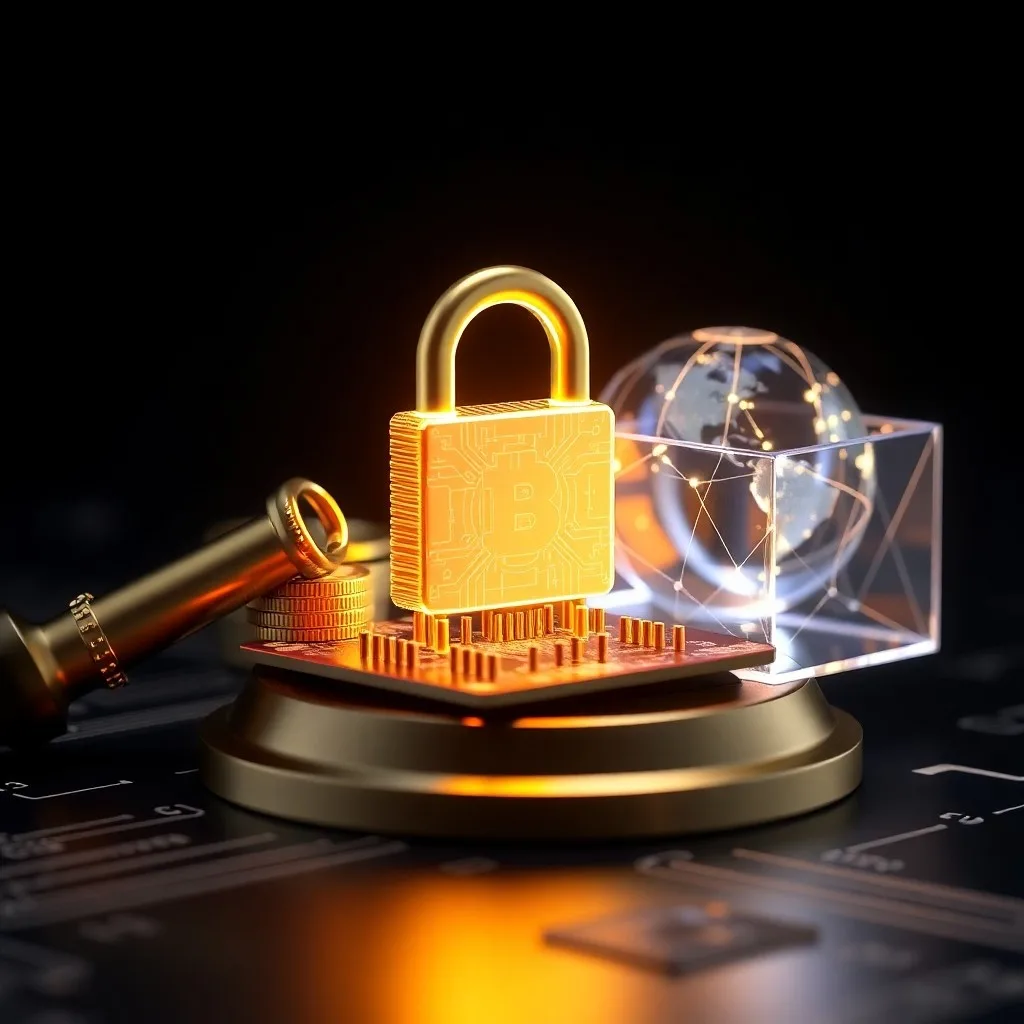Una pila de monedas de oro estilizadas e iconos de criptomonedas brillantes descansando sobre una superficie oscura pulida, rodeados de gráficos holográficos y un brillo sutil, representando la riqueza digital y la inversión, toma macro.