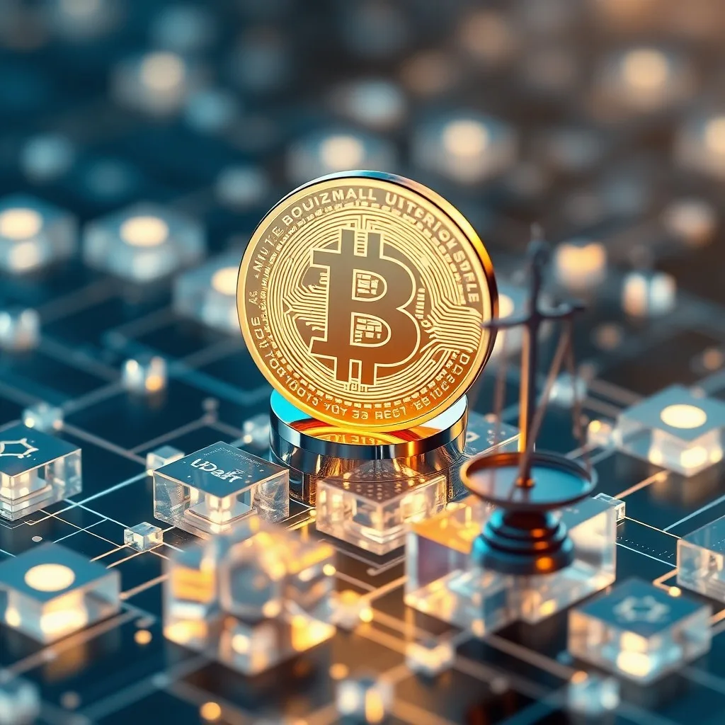 Un libro de contabilidad digital con intrincadas líneas de código y símbolos legales abstractos superpuestos sobre un fondo borroso de avatares virtuales, enfatizando la intersección de la ley y la tecnología, iluminación oscura y temperamental, enfoque en texto y símbolos.