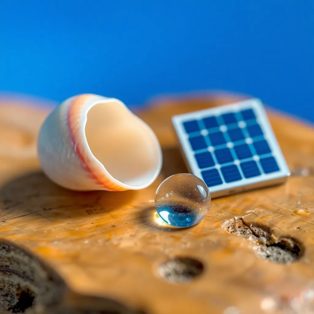 Arte conceptual de una concha marina prístina sobre microplásticos, iluminada por una luz melancólica, simbolizando la fragilidad oceánica y la contaminación.