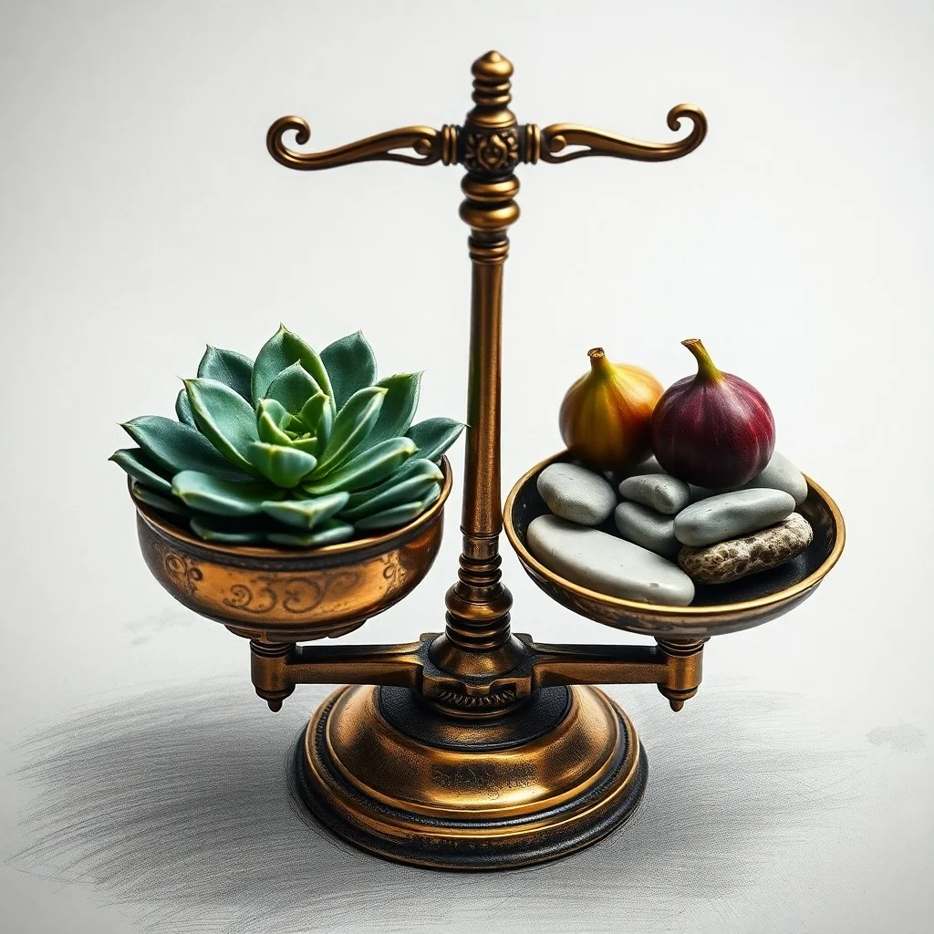 Fotografía conceptual de una balanza antigua, equilibrando recursos naturales y elementos de desigualdad económica, con iluminación dramática.