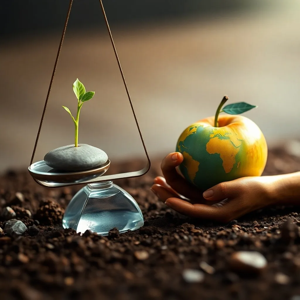Render 3D de una balanza estilizada con un lado que contiene un globo terráqueo con hojas y figuras humanas, superando símbolos de lucro y gráficos financieros.