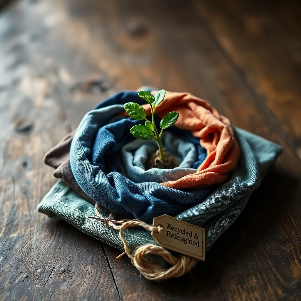 Fotografía cinematográfica de naturaleza muerta con retales de tela, lupa y tijeras sobre una mesa de madera, simbolizando la inspección y el rediseño de materiales textiles.