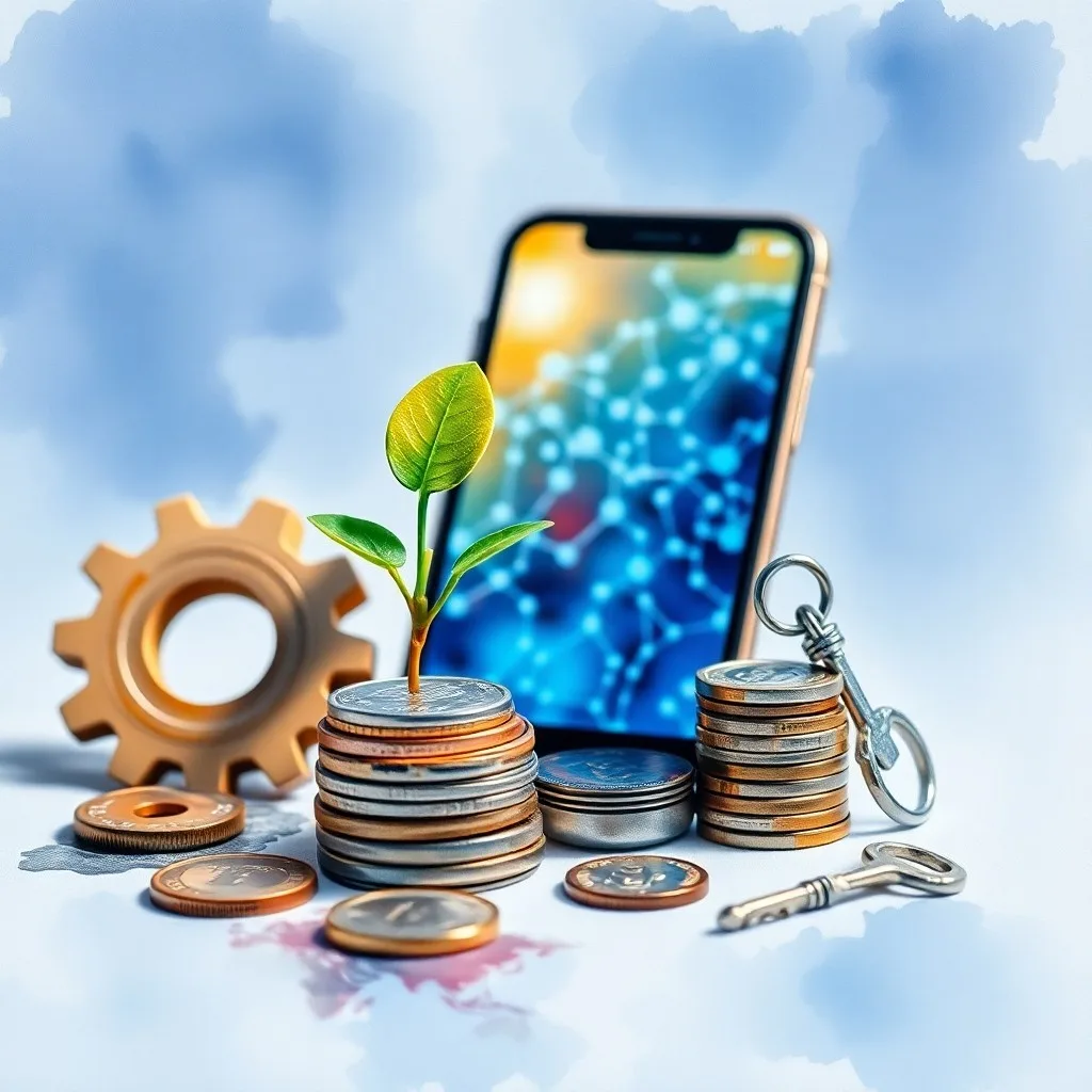 Hucha transparente desbordando monedas digitales y datos, con siluetas de personas usando smartphones.