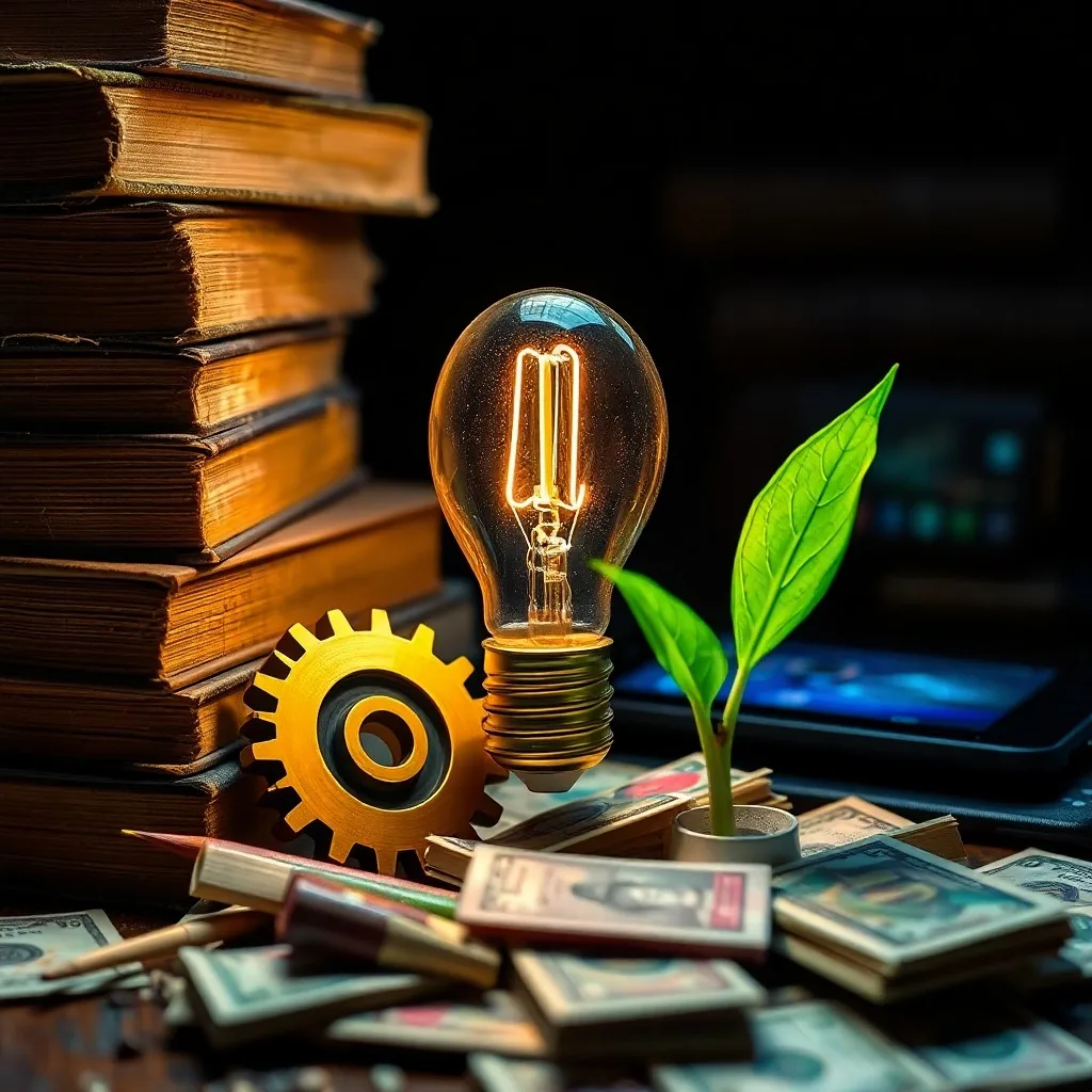 Arte conceptual de engranajes translúcidos en tonos naranja, amarillo y turquesa, entrelazados con patrones de datos y símbolos de crecimiento económico, representando la interconexión de la creatividad y el desarrollo.
