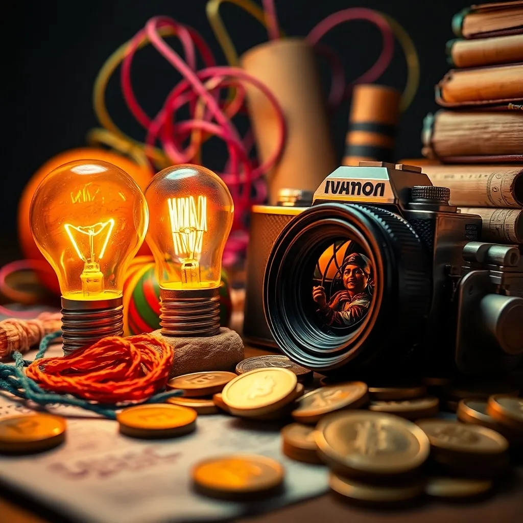 Bodegón cinematográfico de un escritorio antiguo con un guion, un violín, una tablet con arte digital, una escultura 3D y libros de leyes, bajo una luz suave.
