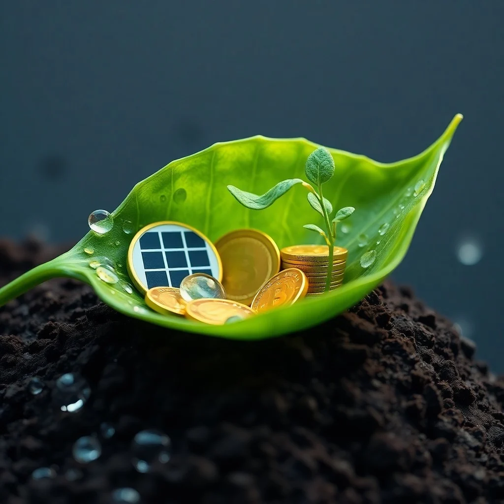 Fotografía macro de monedas verdes apiladas junto a una planta creciendo, con gráficos financieros borrosos de fondo, simbolizando inversiones sostenibles y crecimiento ecológico.