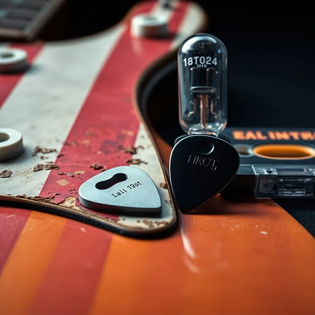 Un cartel de concierto vintage de una banda de rock, desgarrado y viejo, sobre un suelo de madera con púas de guitarra rotas y una baqueta. Fotografía macro.