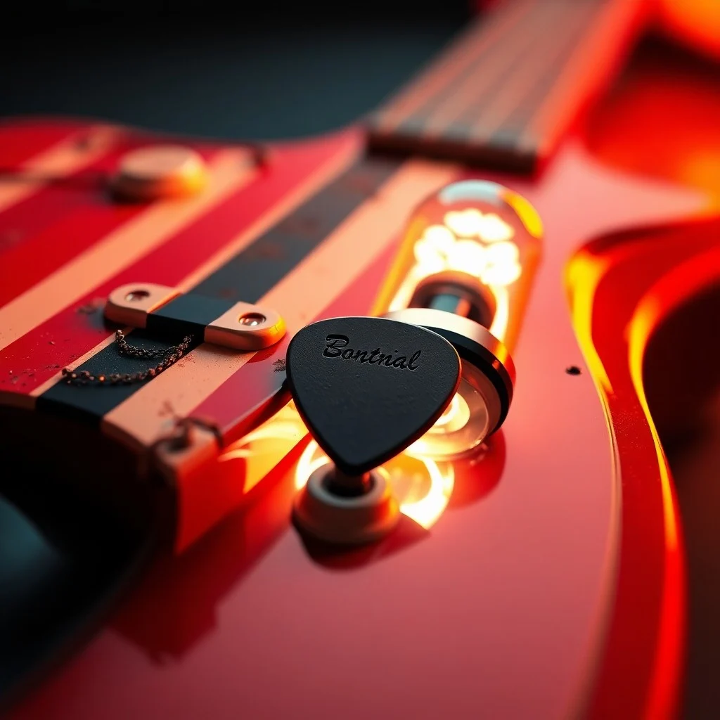 Un mástil de guitarra eléctrica deconstruido con trastes luminosos, flotando en un remolino de ondas de sonido y código digital. Ilustración 3D.