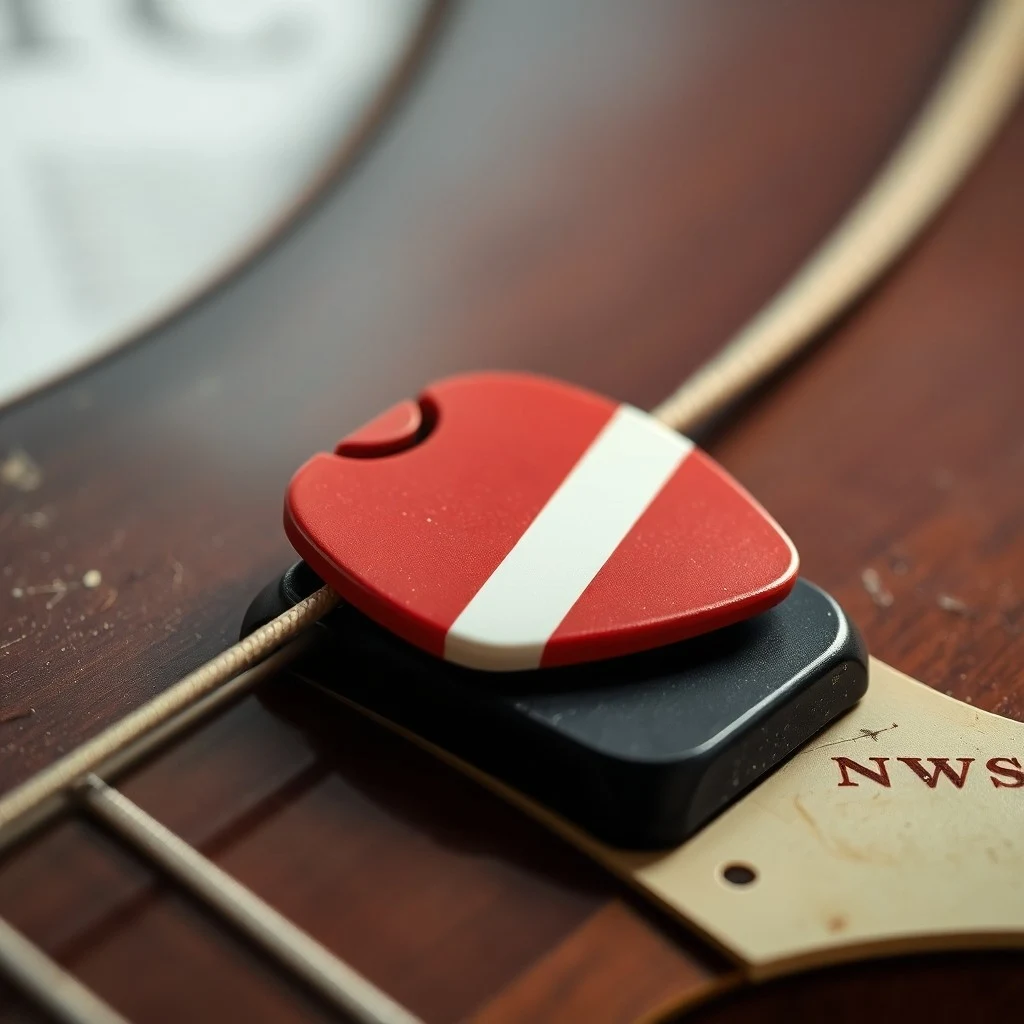 Primer plano de una barra de trémolo de guitarra eléctrica vintage, con un brillo metálico y signos de uso, reflejando luces de escenario difusas, simbolizando la innovación técnica en la música pop.