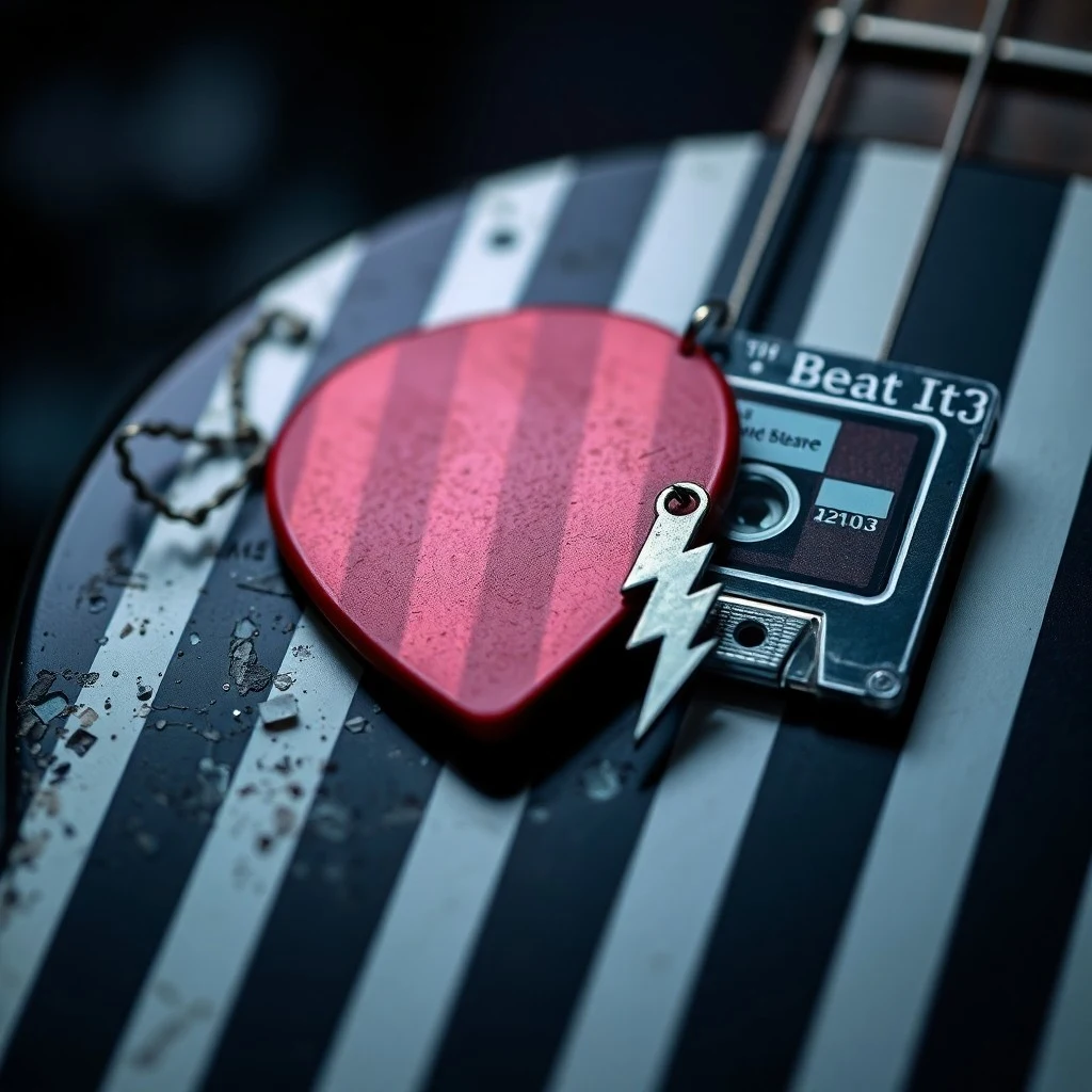 Una cinta de casete vintage del álbum Thriller sobre un amplificador de guitarra desgastado, rodeada de púas de guitarra y un talón de entrada de concierto descolorido, con una iluminación dramática.