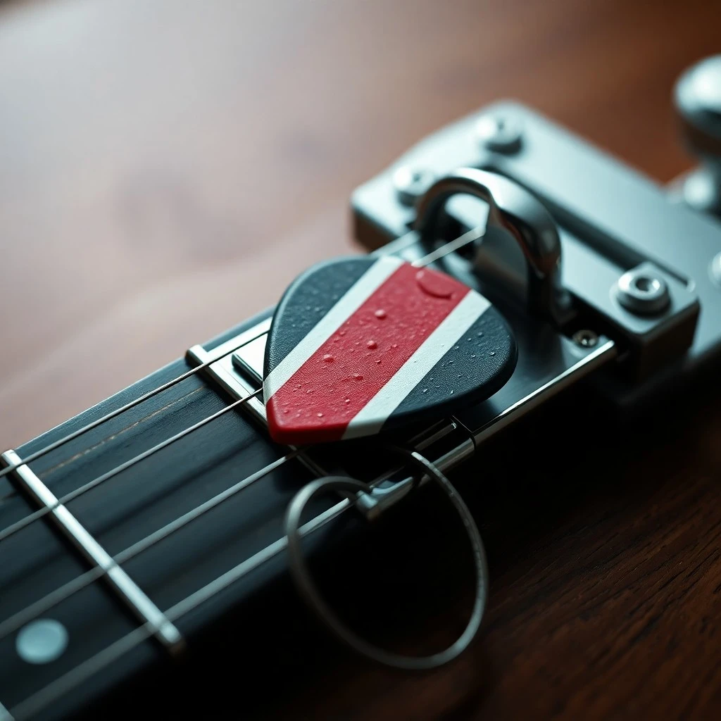 Una pala de guitarra eléctrica destrozada con cuerdas que se desenredan en un vórtice de ondas sonoras, sobre un fondo de un escenario de estadio tenue y vacío, con luces de escenario moradas y azules vibrantes.