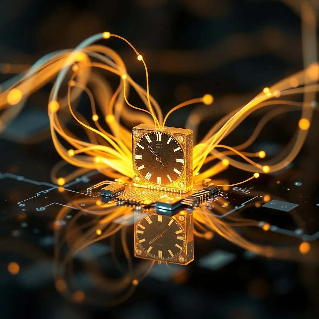 Holograma de red neuronal sobre un pedestal, rodeado de drones, cámaras y robots en miniatura, simbolizando el futuro de los dispositivos conectados.