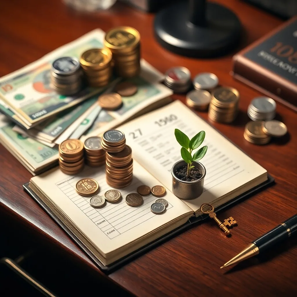 Organized desk with a ledger, calculator, fountain pen, and a money plant, representing diligent financial planning in a cinematic still life.