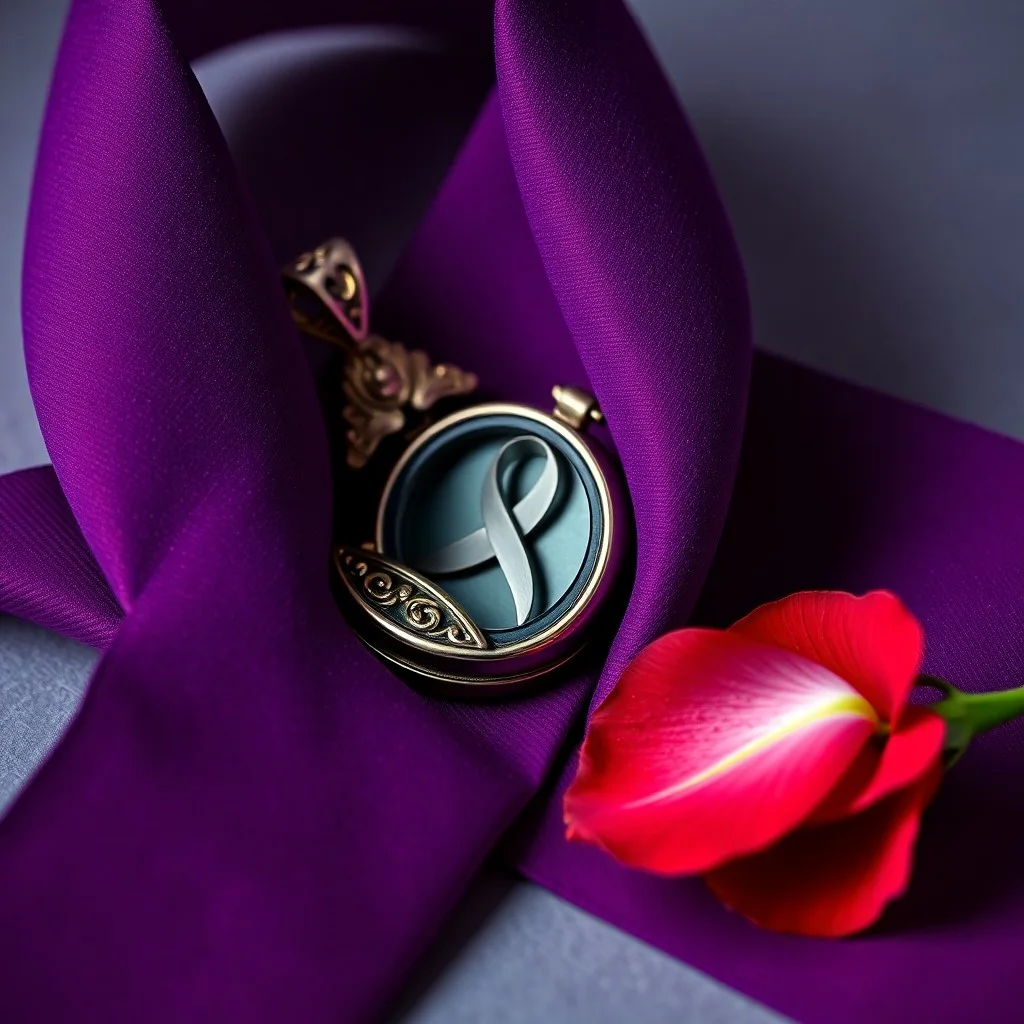 Un broche de cinta roja vintage sobre una pila de documentos de investigación médica envejecidos, iluminados por un foco suave y dramático.