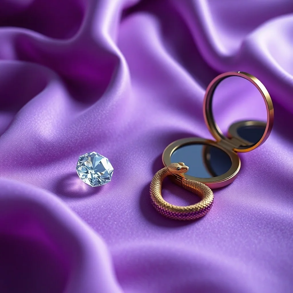 Una mesa de tocador vintage de Hollywood con un anillo de diamantes, carretes de película antiguos y un vaso de champán, evocando el glamour y la opulencia de la era dorada del cine.