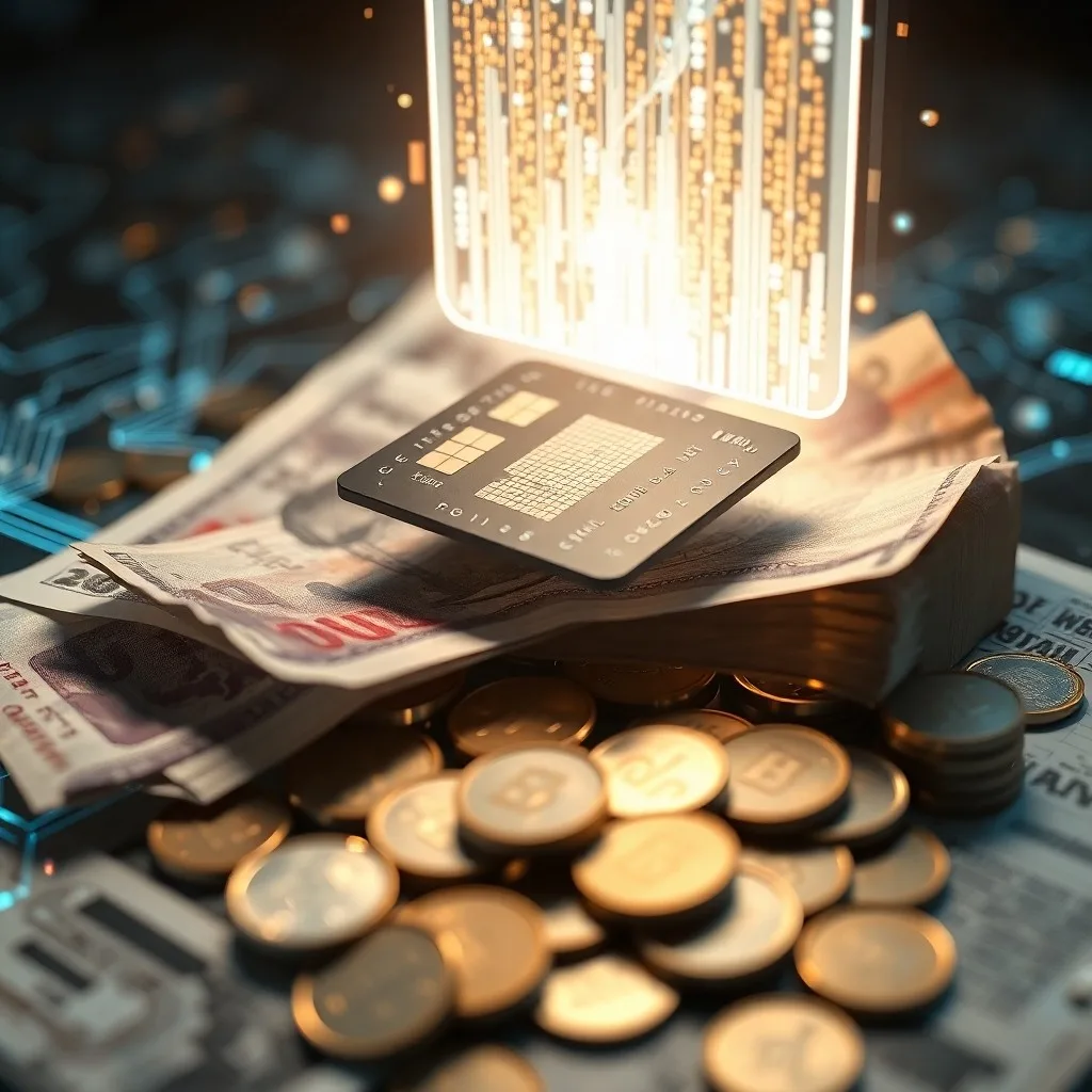 Tarro de cristal con monedas y billetes disolviéndose en código digital.