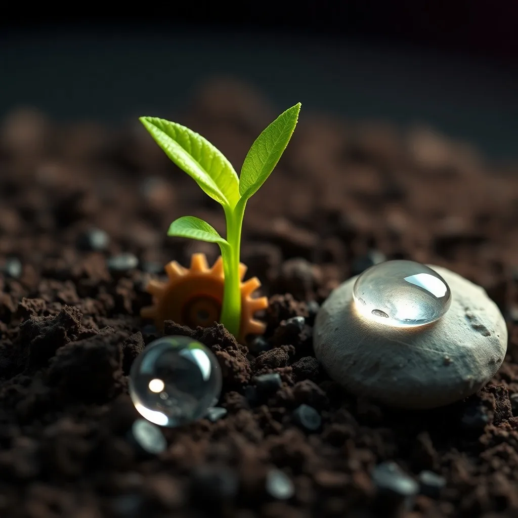 Semilla brillante emergiendo de tierra agrietada, rodeada de patrones digitales, simbolizando la resiliencia y la innovación sostenible.