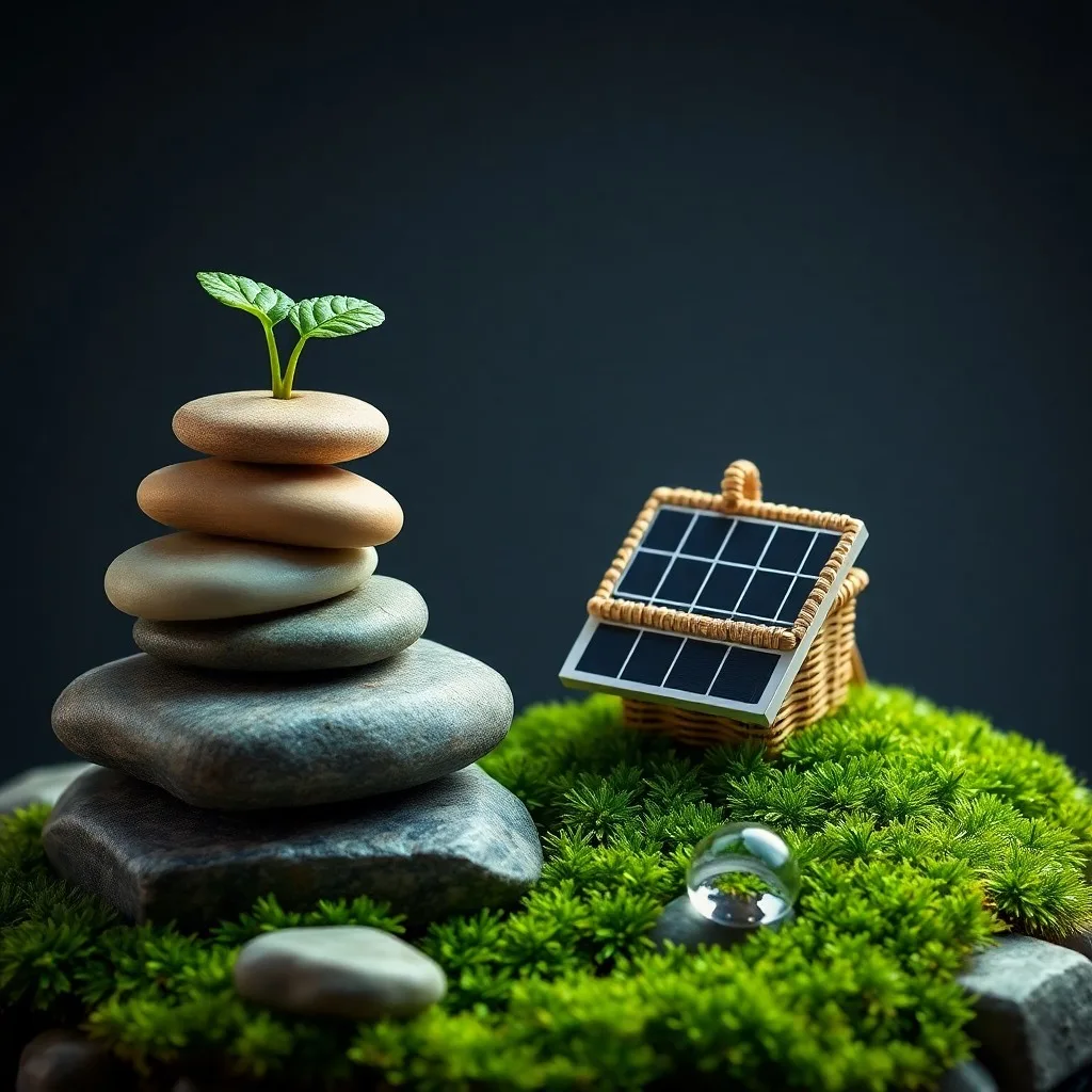 Pintura conceptual de engranajes de madera entrelazados con raíces verdes brillantes, simbolizando la sinergia entre la innovación empresarial y la naturaleza, con un fondo abstracto.