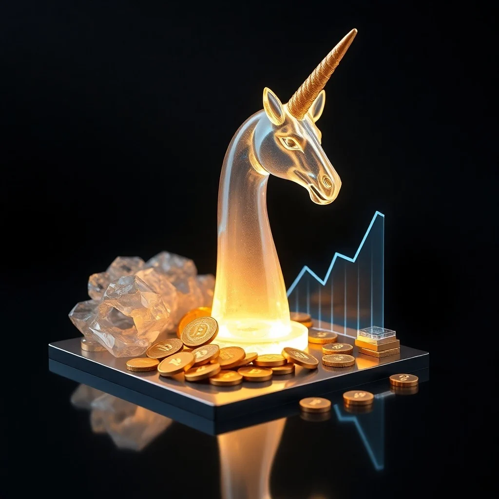 Representación 3D de un bodegón con un trofeo dorado que refleja patrones de circuitos digitales, rodeado de gráficos financieros en miniatura y luminosos, un signo de dólar estilizado y un smartphone mostrando un gráfico de crecimiento, todo sobre una superficie negra pulida.