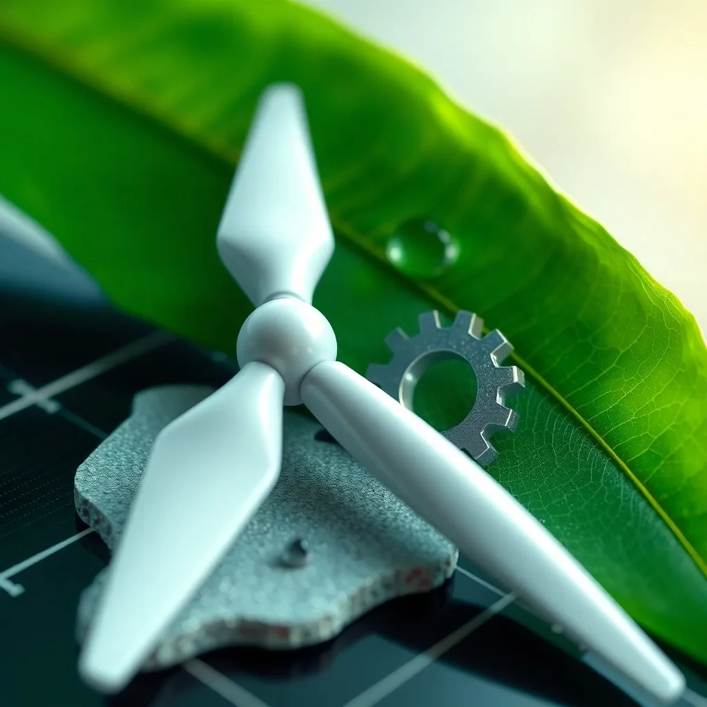 Un engranaje industrial antiguo y desgastado descansa sobre el plano de una planta de energía renovable, parcialmente cubierto por follaje verde, simbolizando la transición de la vieja industria a un futuro sostenible.