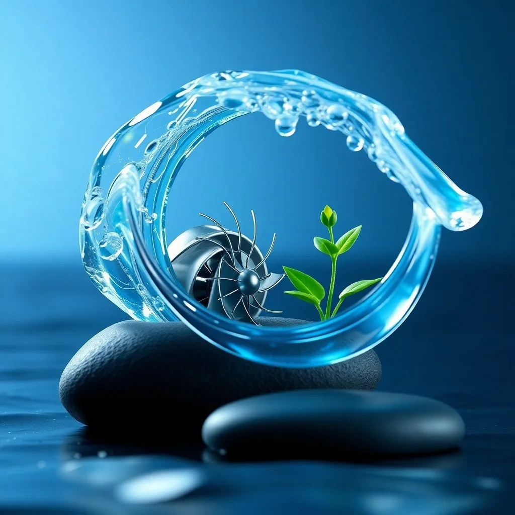 Render 3D detallado de un absorbedor puntual de energía undimotriz, una boya flotante con mecanismos internos visibles, rodeada de olas estilizadas en un océano digital.