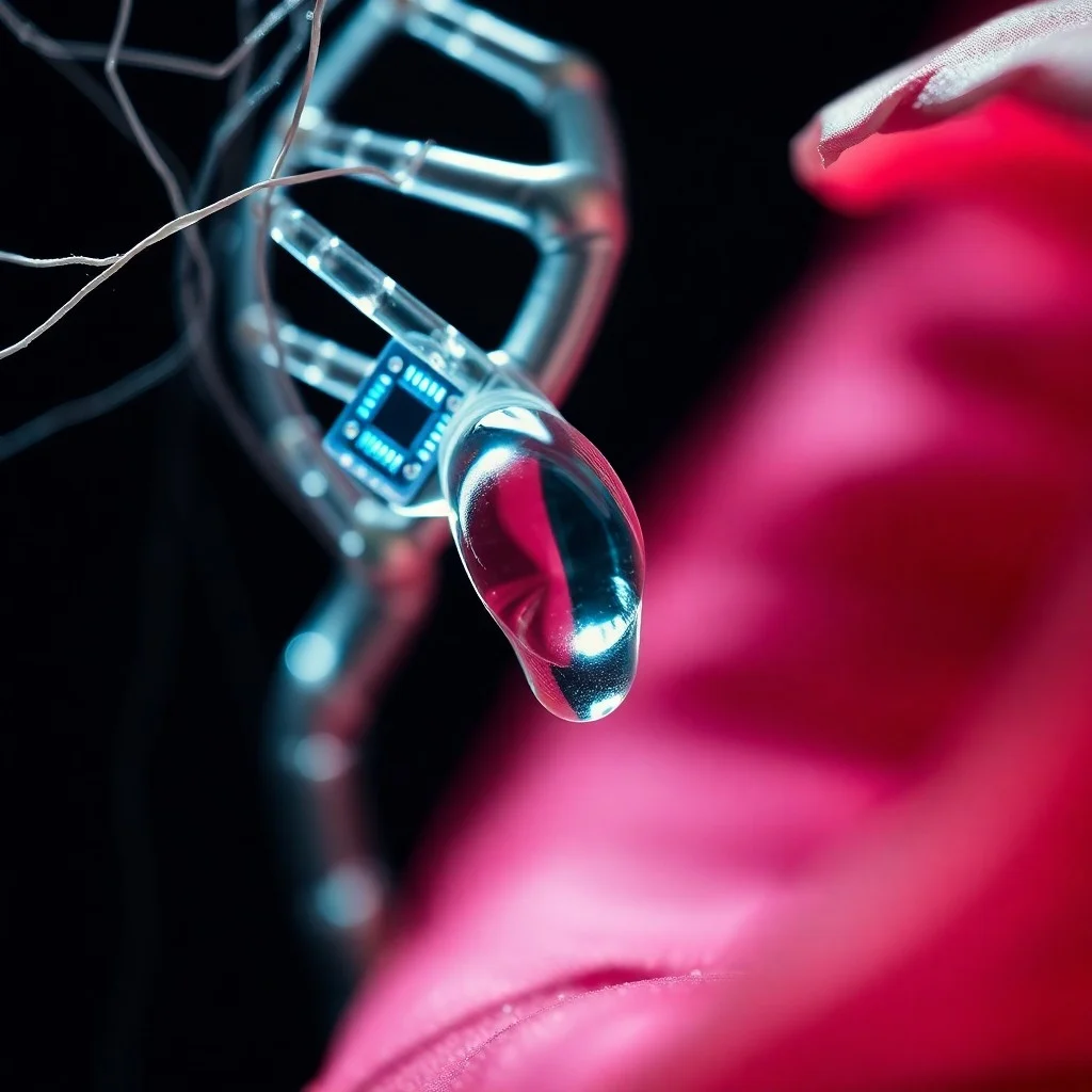 Revistas médicas antiguas, lupa sobre secuencia genética y proyección holográfica de un escáner cerebral, simbolizando la fusión de conocimiento y tecnología.