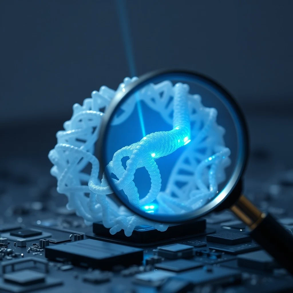 Camino iluminado a través de un bosque abstracto de vías biológicas, formado por flujos de datos digitales, simbolizando la esperanza de la IA en la medicina.