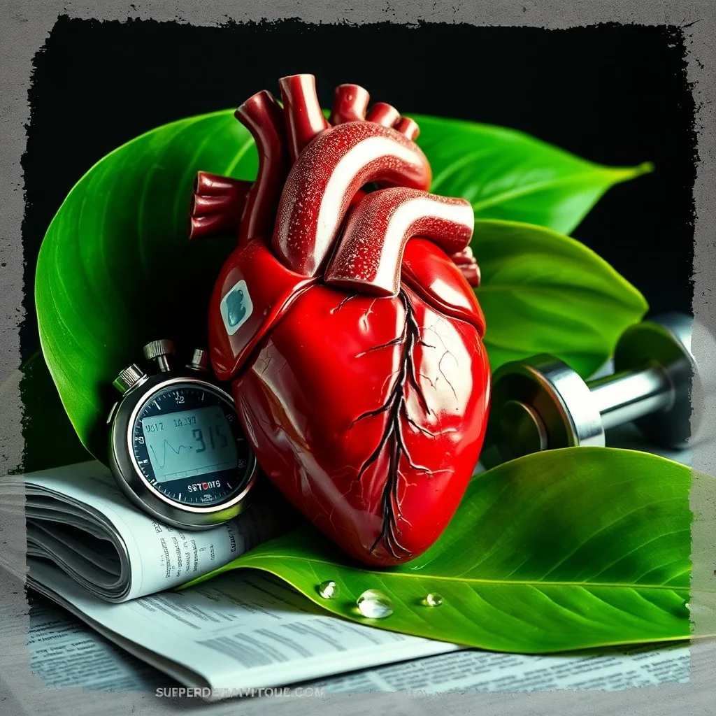 Representación 3D isométrica de un corazón humano conectado a una red de arterias y venas brillantes, rodeado de gráficos de datos que muestran la mejora del flujo sanguíneo y la eficiencia metabólica.
