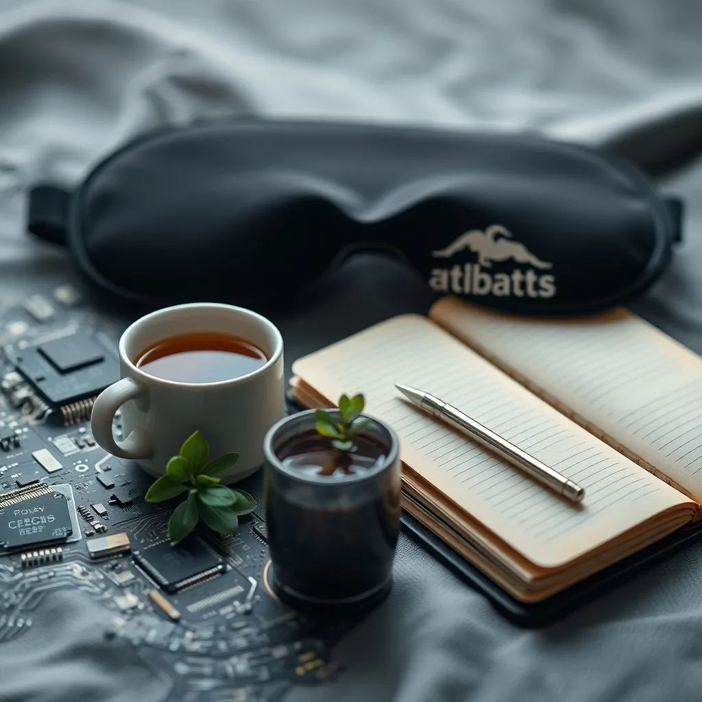 Escena minimalista de un dormitorio con objetos que evocan descanso y recuperación, como un vaso de agua y un reloj de arena