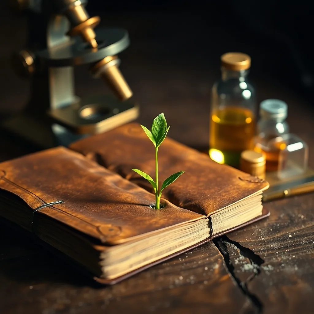 Bodegón de instrumentos médicos antiguos, como un microscopio de latón y un diario médico, sobre un escritorio de madera oscura.
