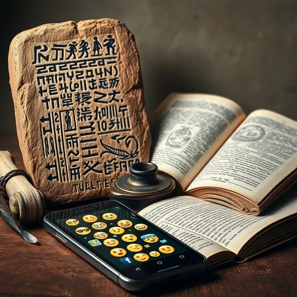 Representación conceptual de una imprenta antigua fusionándose con una pantalla de smartphone llena de emojis.