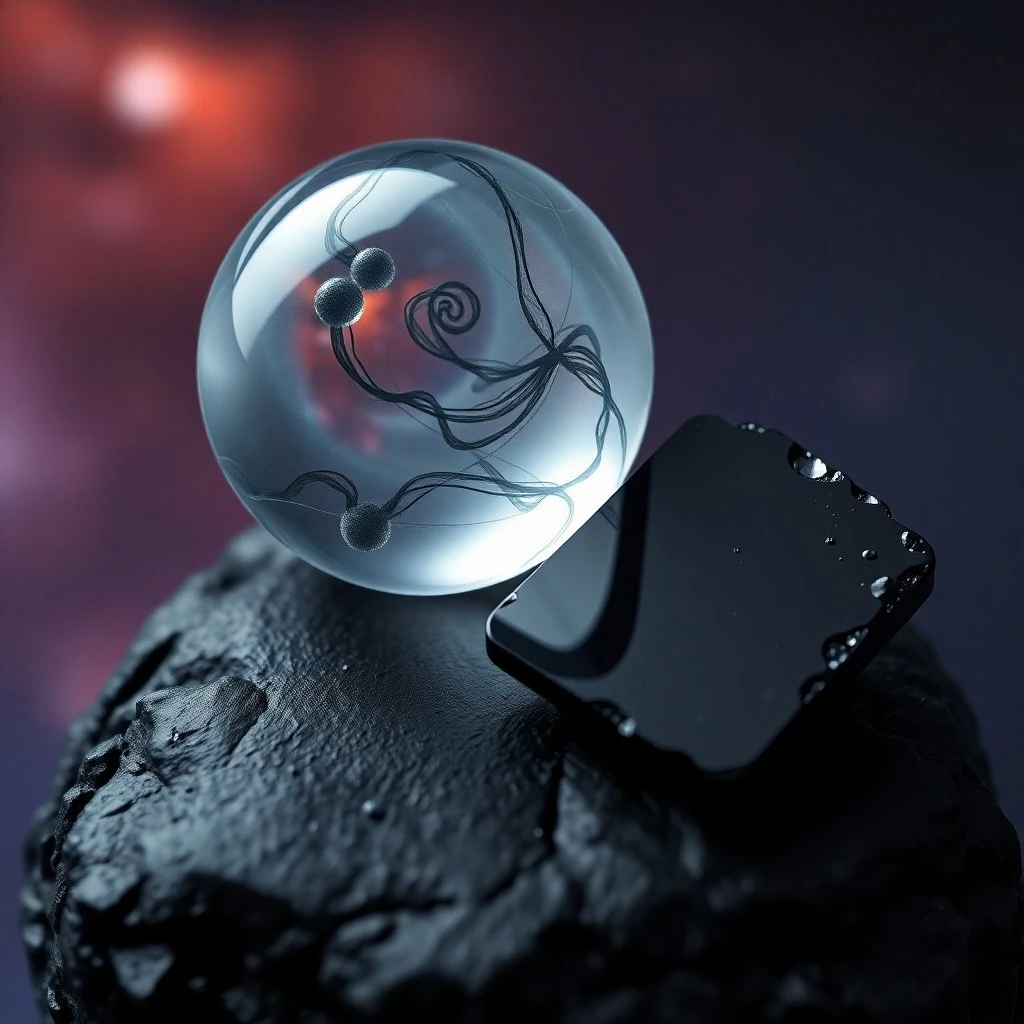 Renderizado 3D abstracto de materia y energía oscura, con corrientes translúcidas de fuerzas invisibles permeando el espacio. Un lado muestra estructuras densas, el otro energía difusa, con galaxias distorsionadas al fondo.