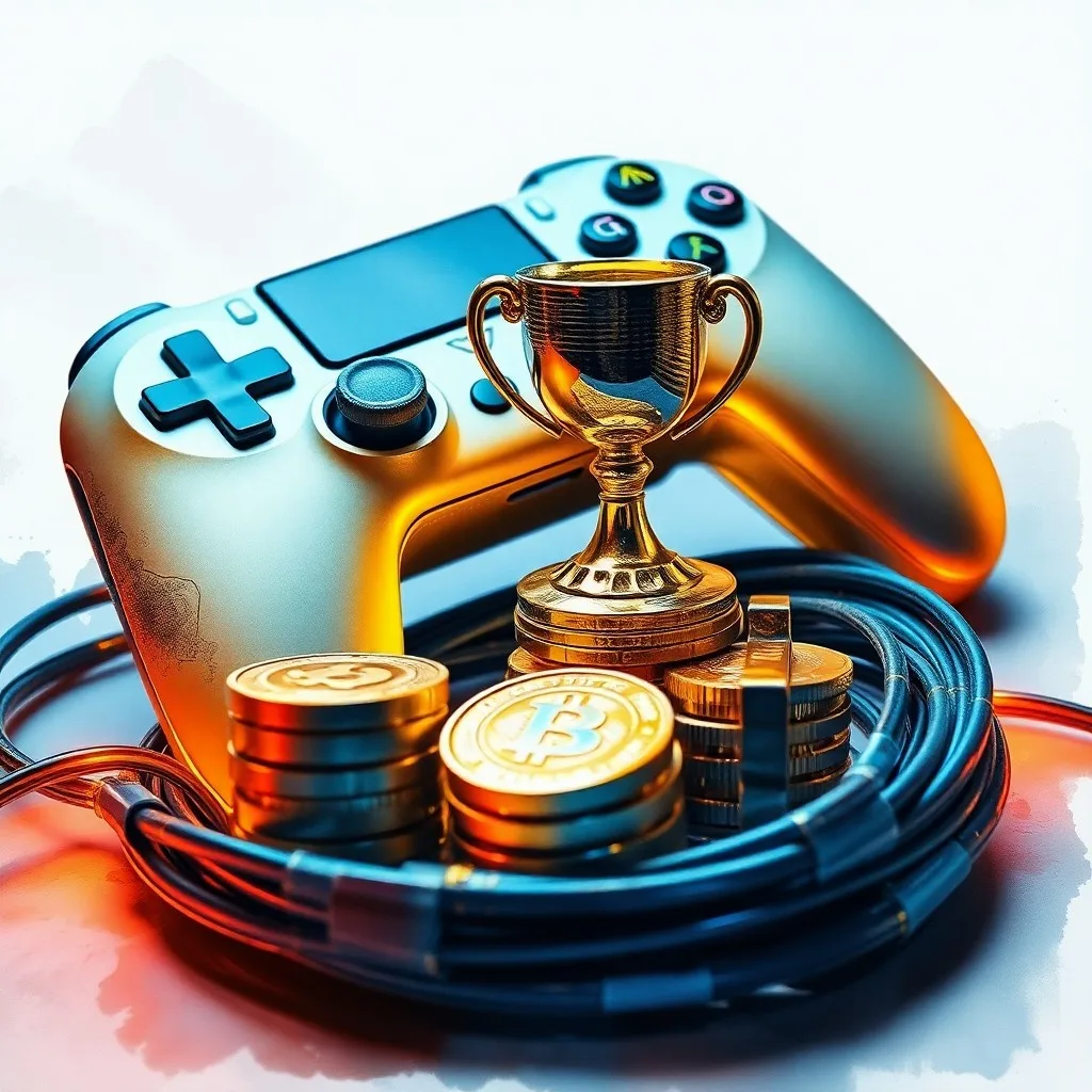 Bodegón cinematográfico con un ratón y teclado gamer de alto rendimiento, junto a billetes de moneda internacional y un trofeo en miniatura, simbolizando el aspecto económico del gaming competitivo.