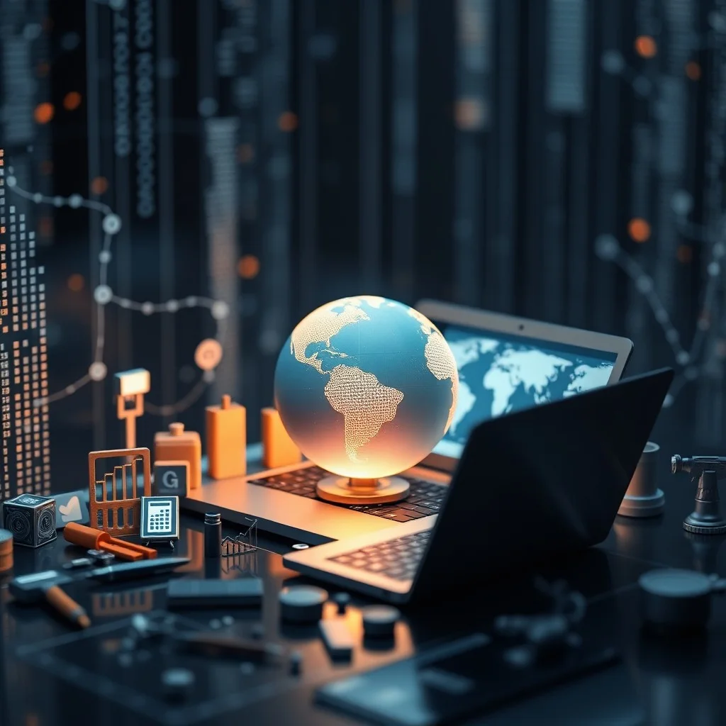 Arte conceptual abstracto de fragmentos de un mapa mundial conectados por flujos de datos digitales, simbolizando la interconexión global de los mercados.