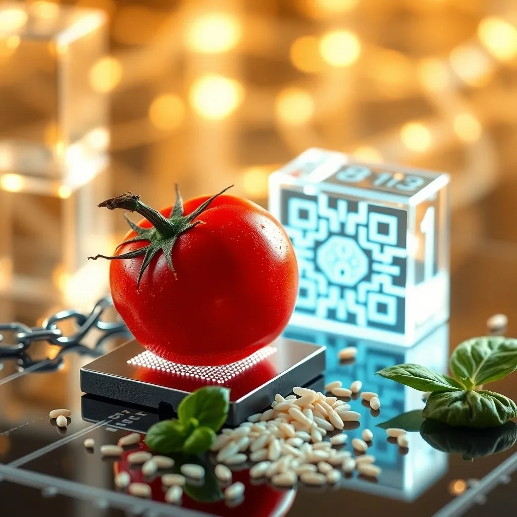 Río de luz digital fluyendo a través de un paisaje oscuro, iluminando códigos QR, campos agrícolas y una mano tocando una etiqueta holográfica, simbolizando el futuro transparente de la información alimentaria.