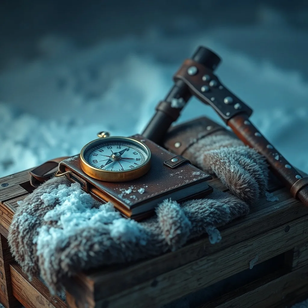 Primer plano de un diario de explorador polar con páginas heladas, pluma de ave y un mapa antiguo, evocando el registro de hazañas y desafíos.