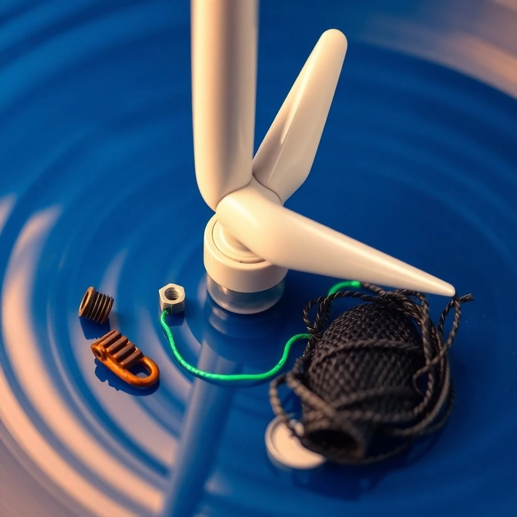Arte conceptual de una plataforma eólica flotante futurista, con sensores avanzados y líneas de energía, en un océano profundo y tranquilo