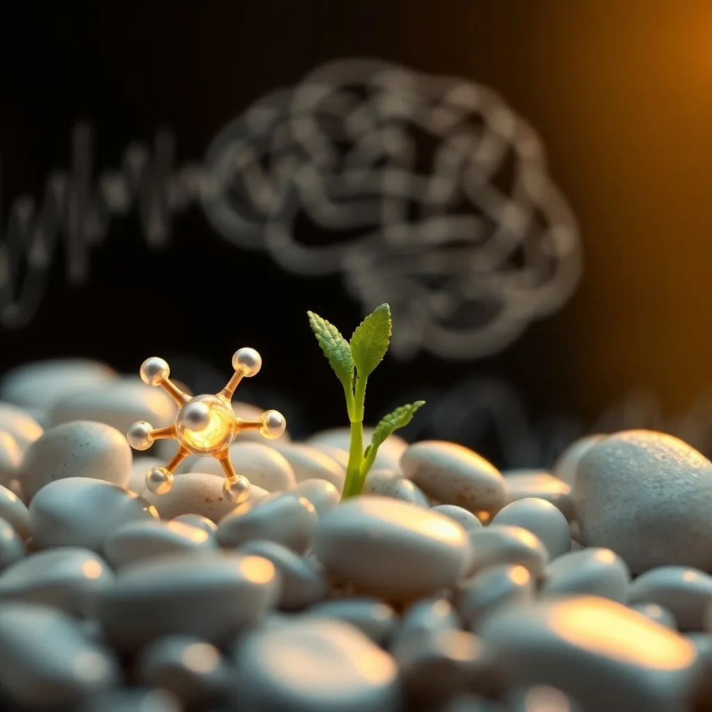 Estructuras moleculares de dopamina y serotonina entrelazadas con raíces de plantas