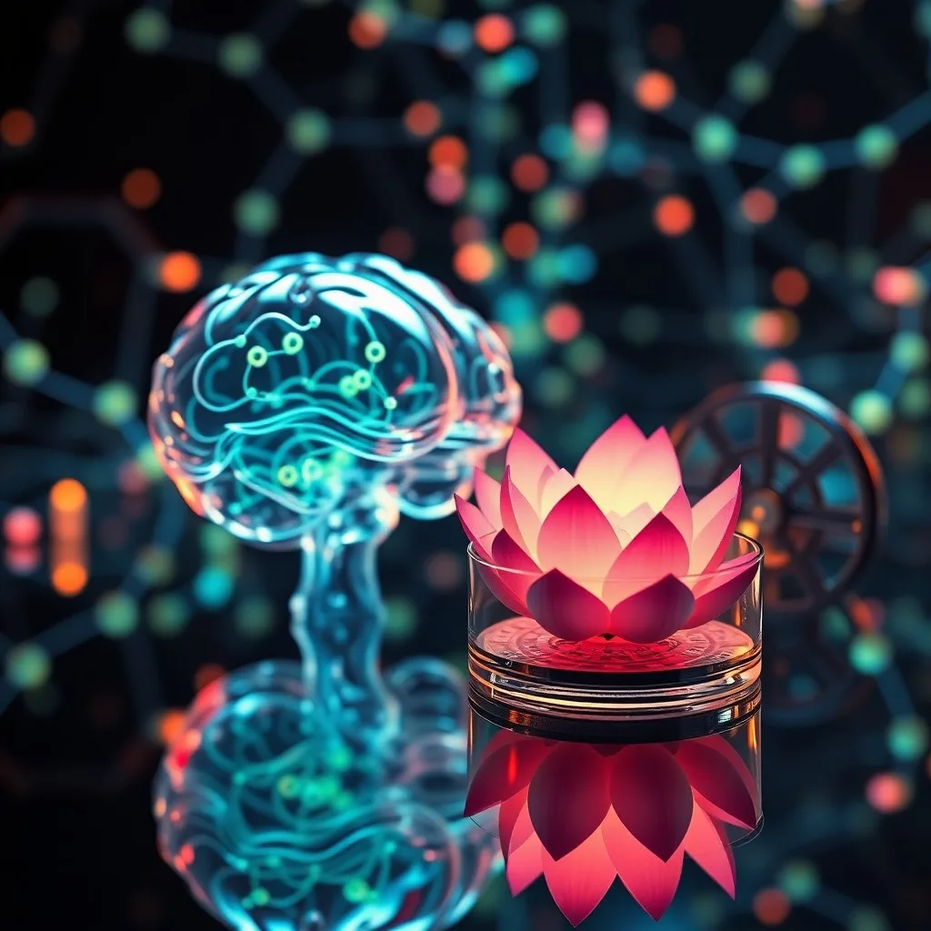 Bodegón de un escritorio con un beaker de líquido brillante, un diario y una pluma, simbolizando la neuroquímica.