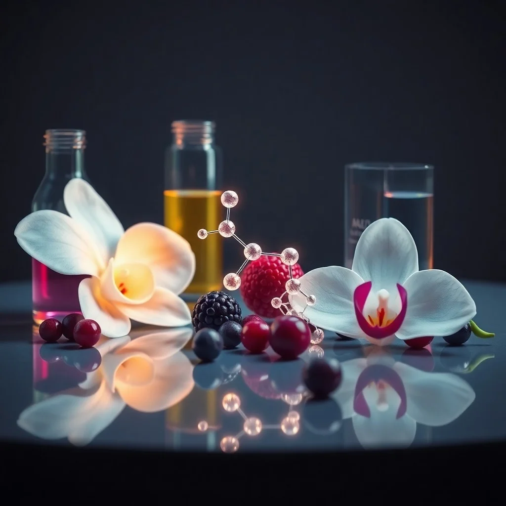 Fotografía macro de un vial de cristal con etiqueta 'Serotonina' junto a un modelo molecular de dopamina sobre una superficie de madera oscura.